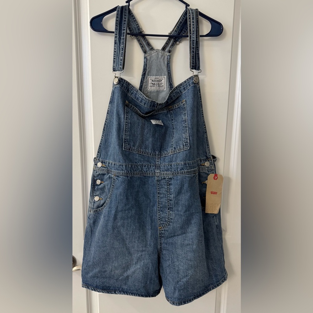 #2221 - Levi’s Shortall Bib Overall Shorts Medium Wash Blue Denim Jeans